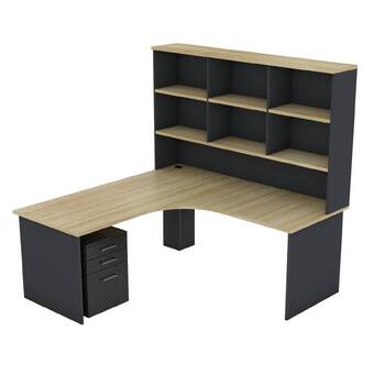 EkoSystem Corner New Oak/Charcoal Desk with Hutch and Pedestal  Package- 1800mm x 1800mm x 600mm