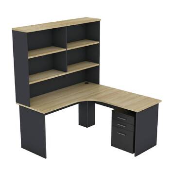 EkoSystem Corner New Oak/Charcoal Desk with Hutch and Pedestal  Package