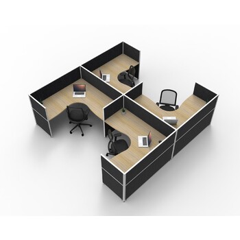 SHUSH30 4 Person Corner Workstation H Shape Black Screen Natural Oak Top