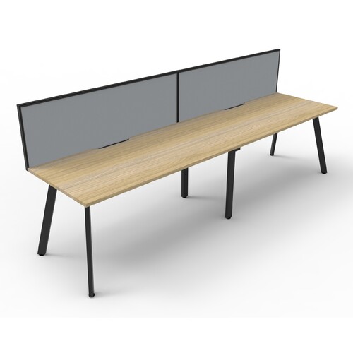 Eternity 2 Person Single Sided Workstation With Grey Screen Black Frame Natural Oak Top - 3600mm W x 780mm D x 730mm H