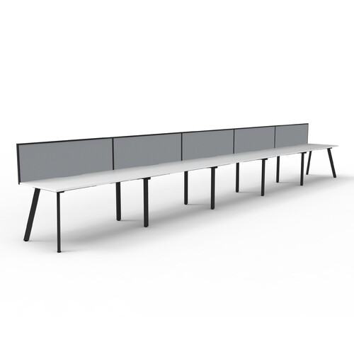 Eternity 5 Person Single Sided Workstation With Grey Screen Black Frame White Top - 7500mm W x 780mm D x 730mm H