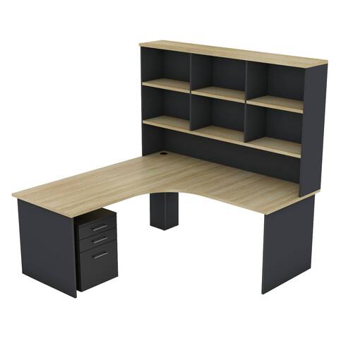 EkoSystem Corner New Oak/Charcoal Desk with Hutch and Pedestal  Package- 1800mm x 1800mm x 750mm