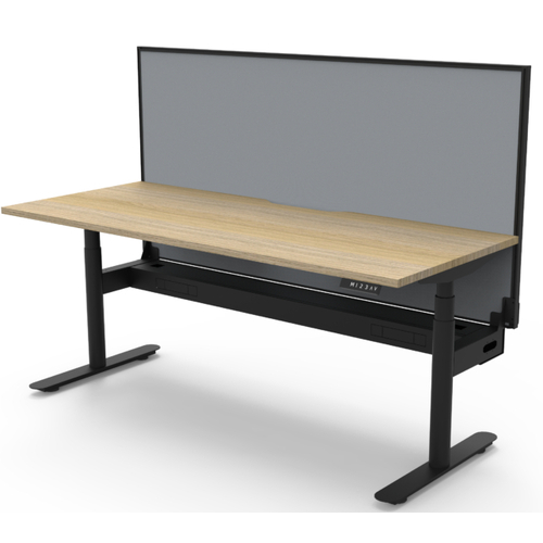Halo+ Single Sided Height Adjustable Workstation Black Frame New Oak Top - 1500mm x 750mm- With Cable tray- With Screen
