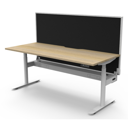 Halo+ Single Sided Height Adjustable Workstation White Frame New Oak Top - 1500mm x 750mm- With Cable tray- With Screen