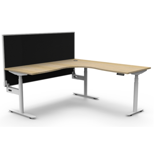 Halo+ Height Adjustable Corner Workstation- White Frame New Oak Top-1500mm x 1500mm-Without Cable tray- With Screen