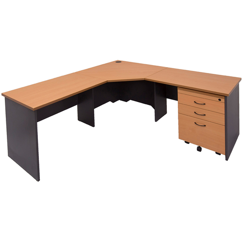 Express Corner Desk with Mobile Pedestal - 1800 x 1800 x 750 - Beech & Ironstone