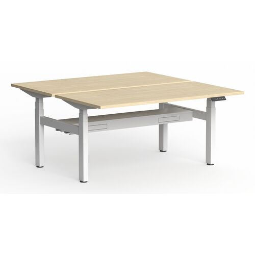 Klass Double Sided Sit Stand Desk White Frame - New Oak Matte Top with Cable Tray - 1200 x 750 with Scallop