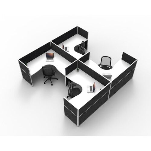SHUSH30 4 Person Corner Workstation H Shape Black Screen Natural White Top [Screen Height: 1200 mm] [size: 1800mm x 1800mm x 750mm D x 25mm T]