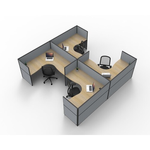 SHUSH30 4 Person Corner Workstation H Shape Grey Screen Natural Oak Top [Desk Top Size: 1800mm x 1500mm x 750mm D x 25mm T] [Screen Height: 1500mm]