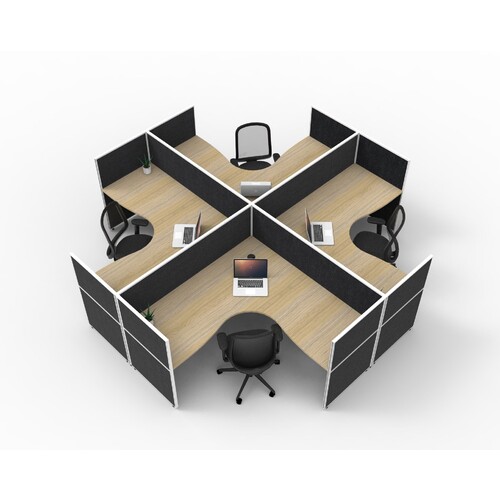 SHUSH30 4 Person Corner Workstation X Shape Black Screen Natural Oak Top [Desk Top Size: 1500mm x 1500mm x 750mm D x 25mm T]