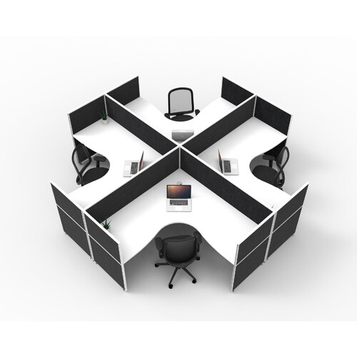 SHUSH30 4 Person Corner Workstation X Shape Black Screen White Top [Desk Top Size: 1800mm x 1200mm x 750mm D x 25mm T] [Screen Height: 1500mm]