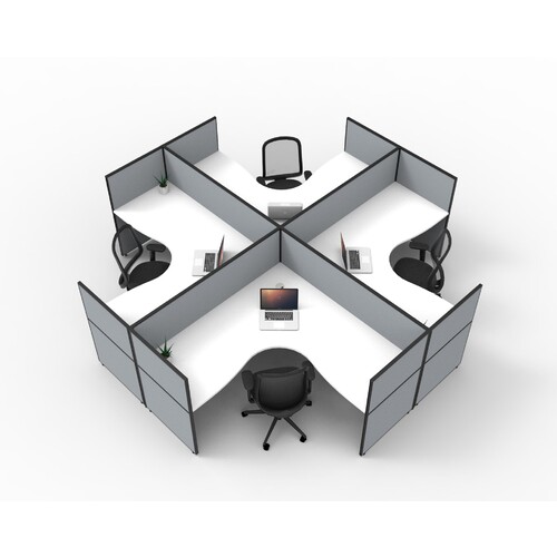 SHUSH30 4 Person Corner Workstation X Shape Grey Screen White Top [Desk Top Size: 1500mm x 1500mm x 750mm D x 25mm T] [Screen Height: 1500mm]