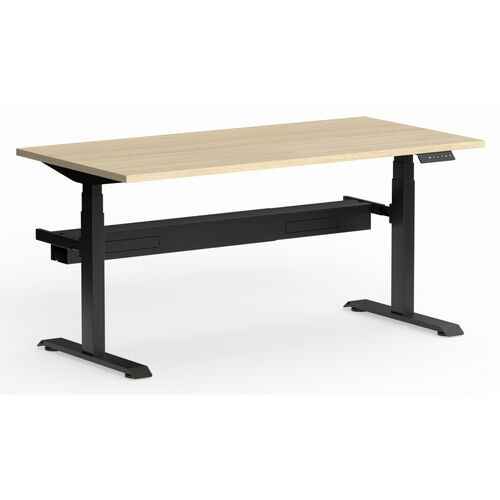 Klass Single Sided Sit Stand Desk Black Frame - New Oak Matte Top with Cable Tray - 1200 x 750 with Scallop