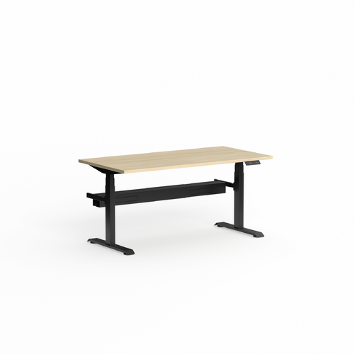 Klass Single Sided Sit Stand Desk Black Frame - New Oak Matte Top with Cable Tray - 1200 x 750 with Scallop